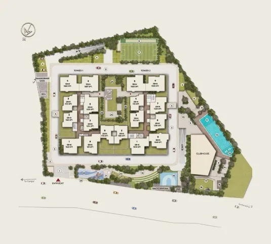 Site plan across the three towers — DSR The Courtyard, Gunjur, Bengaluru