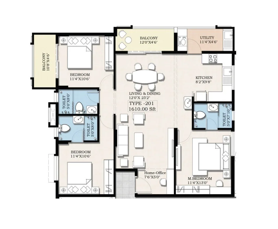 3 BHK type 201 unit plan, 1,610 sq ft super built-up — Nagama Serenity, Bileshivale, Bengaluru
