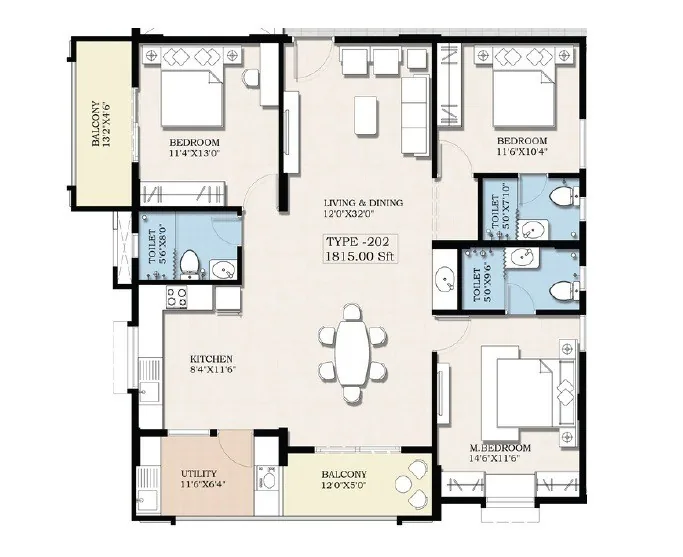 3 BHK type 202 unit plan, 1,815 sq ft super built-up — Nagama Serenity, Bileshivale, Bengaluru