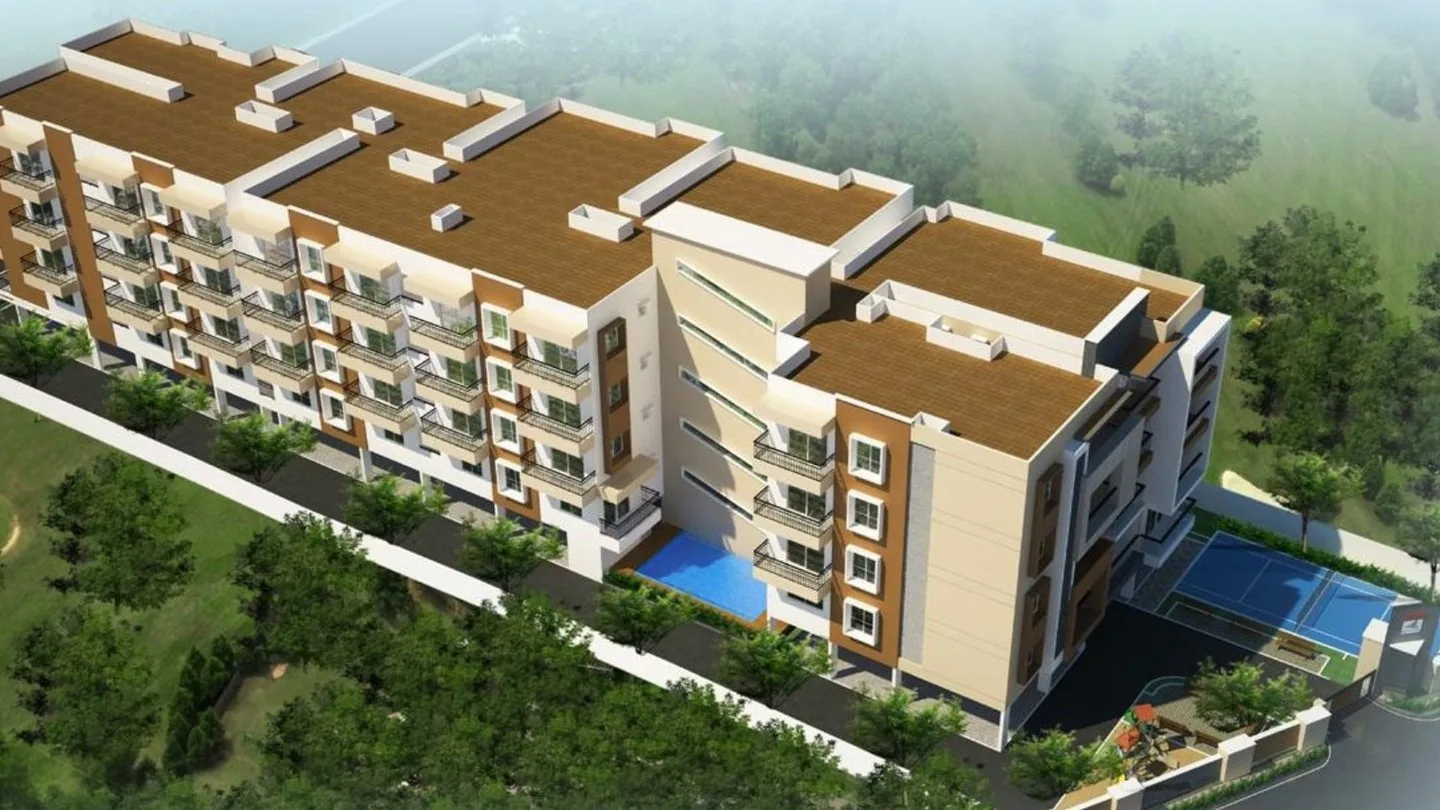 Aerial view of the site and pool deck — Nithya Sunshine, Kalyan Nagar, Bengaluru