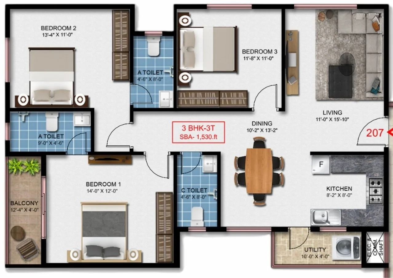 3 BHK floor plan — Nithya Sunshine, Kalyan Nagar, Bengaluru
