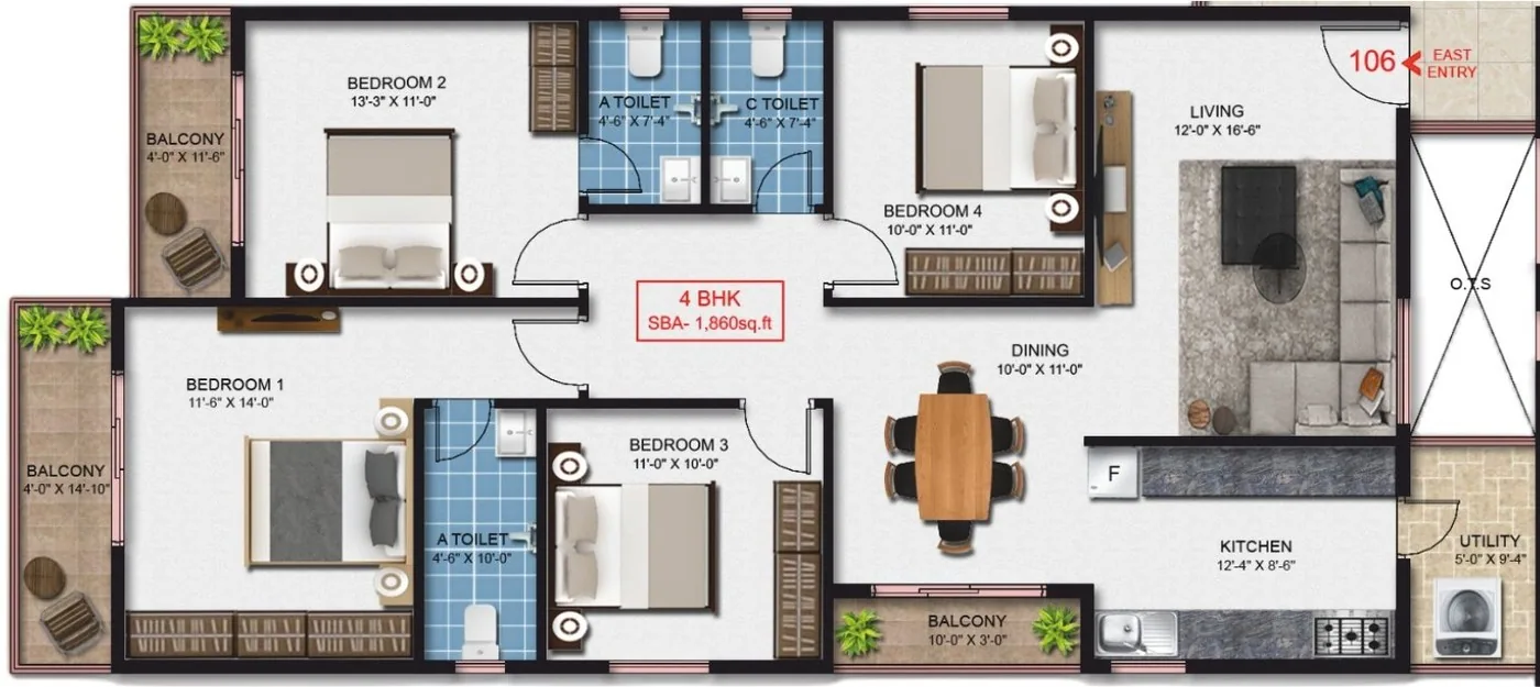 4 BHK floor plan — Nithya Sunshine, Kalyan Nagar, Bengaluru