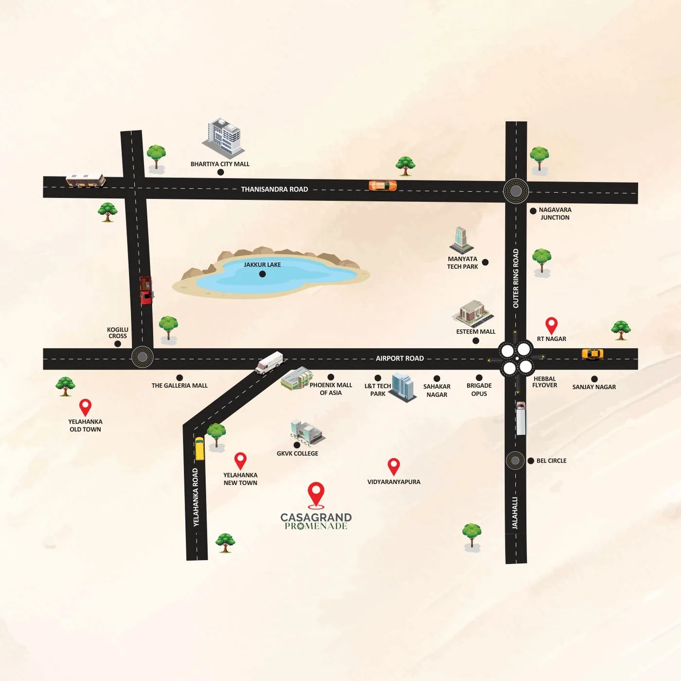 Location map showing Casagrand Promenade relative to Yelahanka, Hebbal, Manyata Tech Park and the airport road