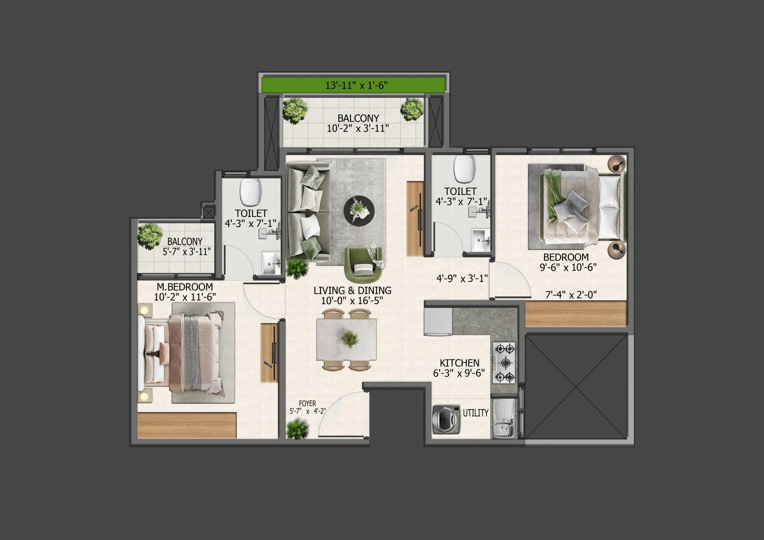 2 BHK unit plan — Sowparnika Whispering Petals, Hoskote, Bengaluru