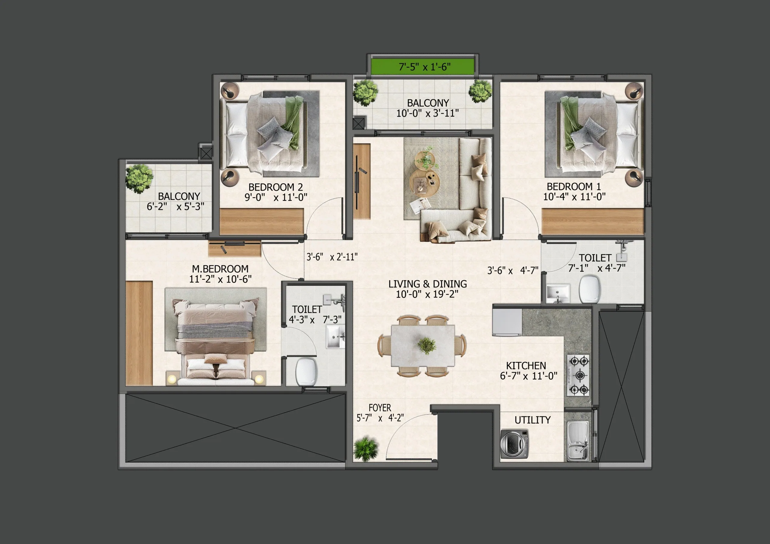 3 BHK unit plan — Sowparnika Whispering Petals, Hoskote, Bengaluru
