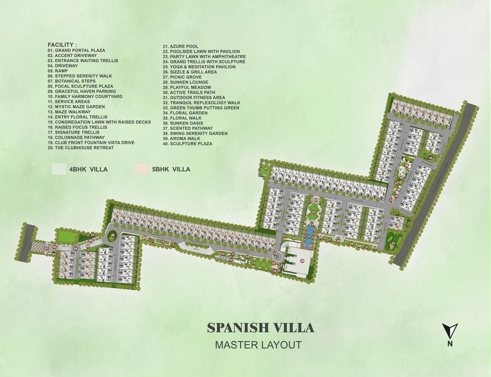 Master layout of the Spanish villa development showing 4 BHK and 5 BHK villa rows — Surya Valencia, Rajanukunte, Bengaluru