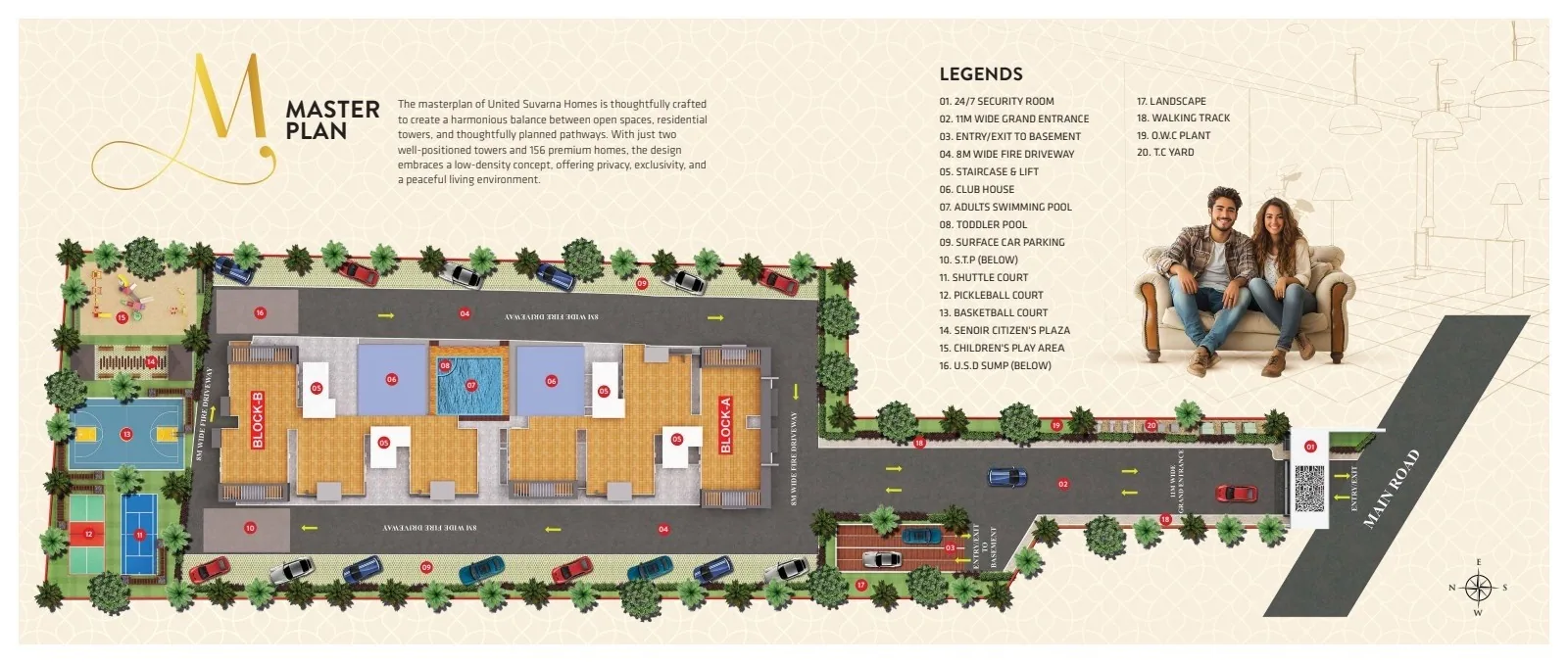 Sanctioned master plan of Suvarna Homes showing the two blocks, club house, pools, courts and landscaped areas