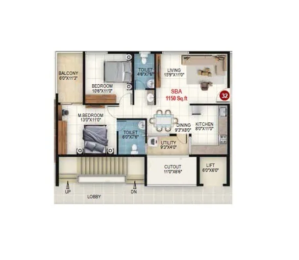 2 BHK unit plan, 1,150 sq ft super built-up — Udbhav Gokulam, Balagere, Bengaluru