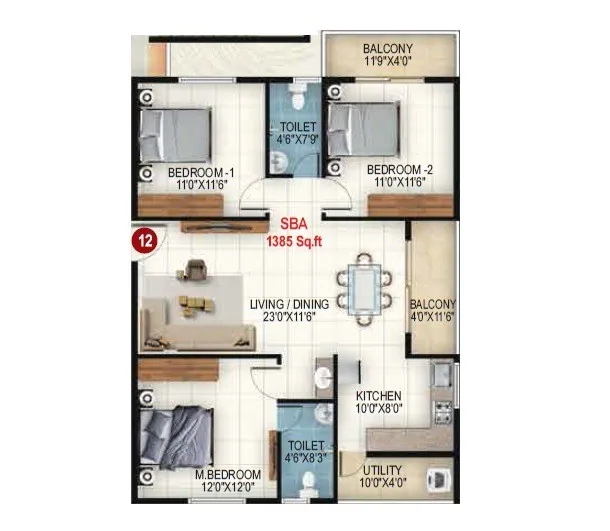 3 BHK unit plan, 1,385 sq ft super built-up — Udbhav Gokulam, Balagere, Bengaluru
