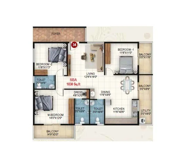 3 BHK unit plan, 1,830 sq ft super built-up — Udbhav Gokulam, Balagere, Bengaluru