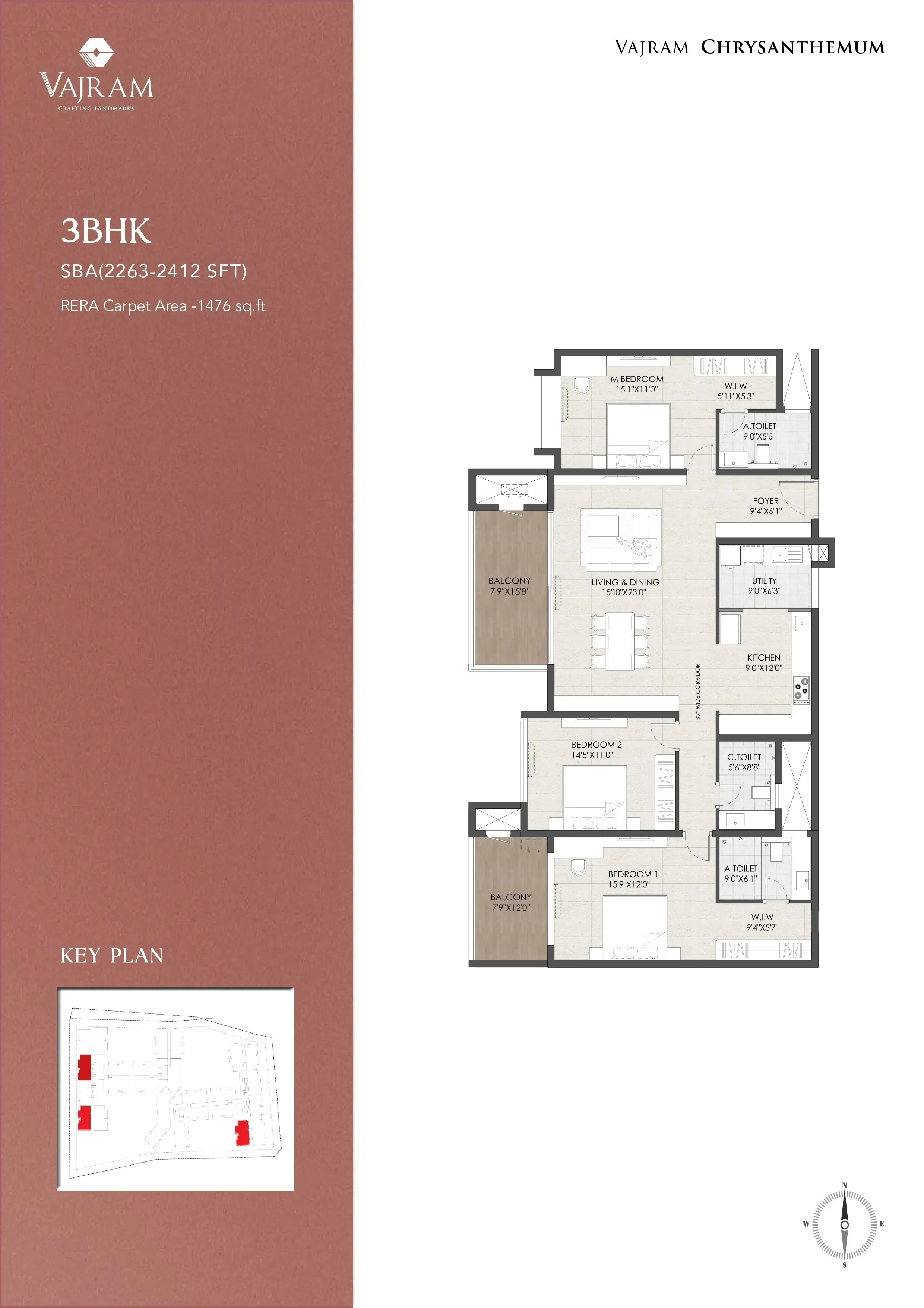 3 BHK unit plan, type A — Vajram Chrysanthemum, Avalahalli, Bengaluru