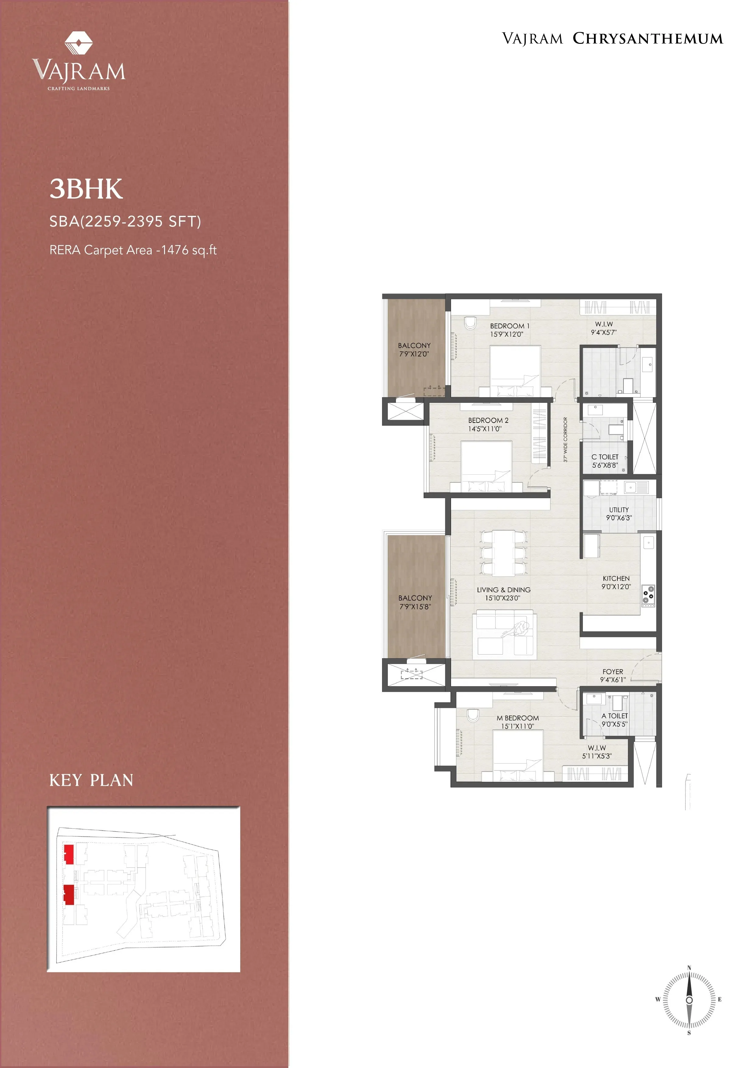 3 BHK unit plan, type B — Vajram Chrysanthemum, Avalahalli, Bengaluru