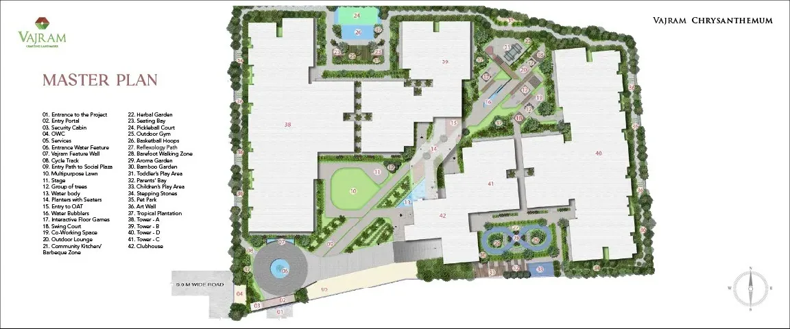 Master plan showing the four low-rise blocks and clubhouse — Vajram Chrysanthemum, Avalahalli, Yelahanka, Bengaluru