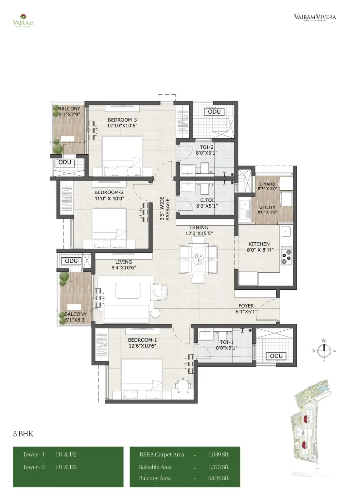 3 BHK unit plan, 1,573 sq ft — Vajram Vivera, Kogilu, Bengaluru