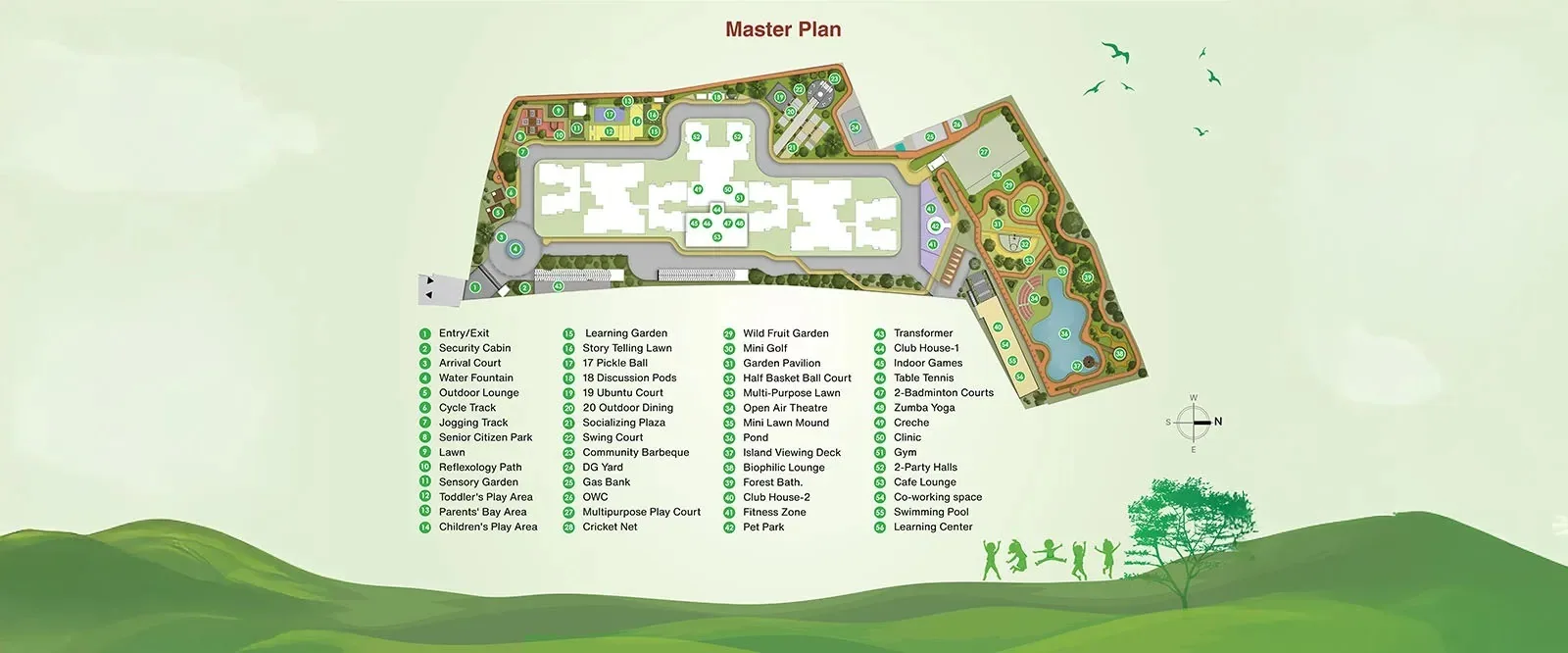Master plan showing the three towers, lake and landscape — Vajram Vivera, Kogilu, Bengaluru