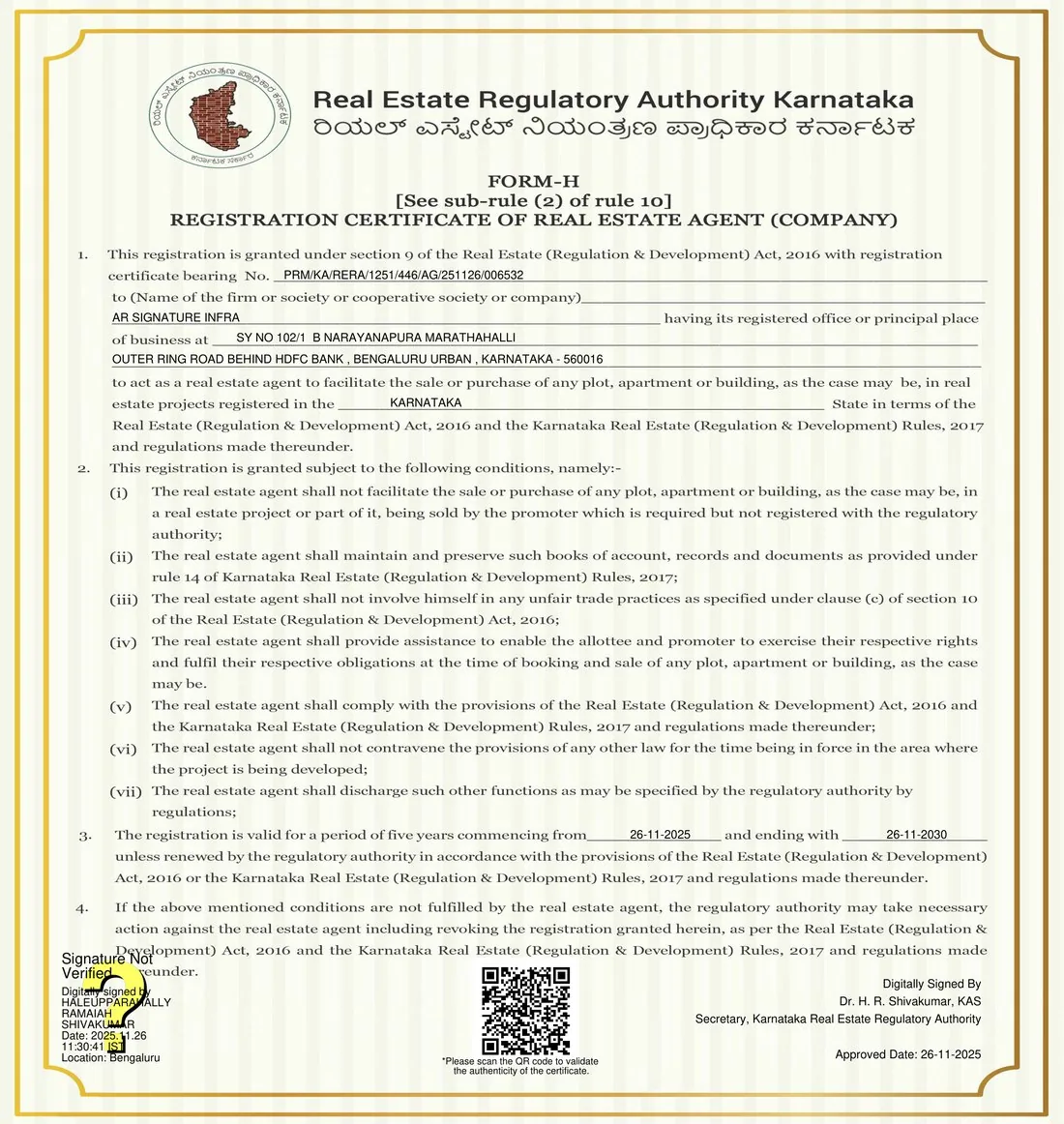 Karnataka RERA Form-H registration certificate for AR Signature Infra, certificate number PRM/KA/RERA/1251/446/AG/251126/006532, valid from 26 November 2025 to 26 November 2030